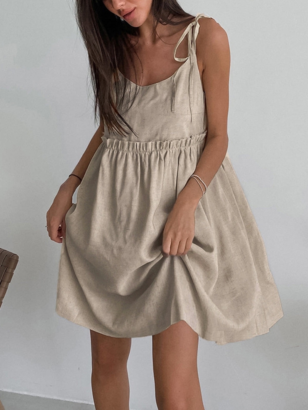 New Commense Levanzo Tied Shoulder Cotton Linen Mini Dress NWOT Neutral, Small